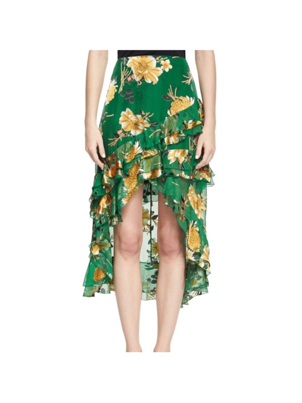 Alice + Olivia Green Floral High-Low Ruffle Skirt with Yellow Flowers
